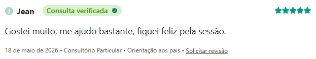Avaliação de Jean no Doctoralia, 5 estrelas, consulta verificada: “Gostei muito, me ajudo bastante, fiquei feliz pela sessão.”